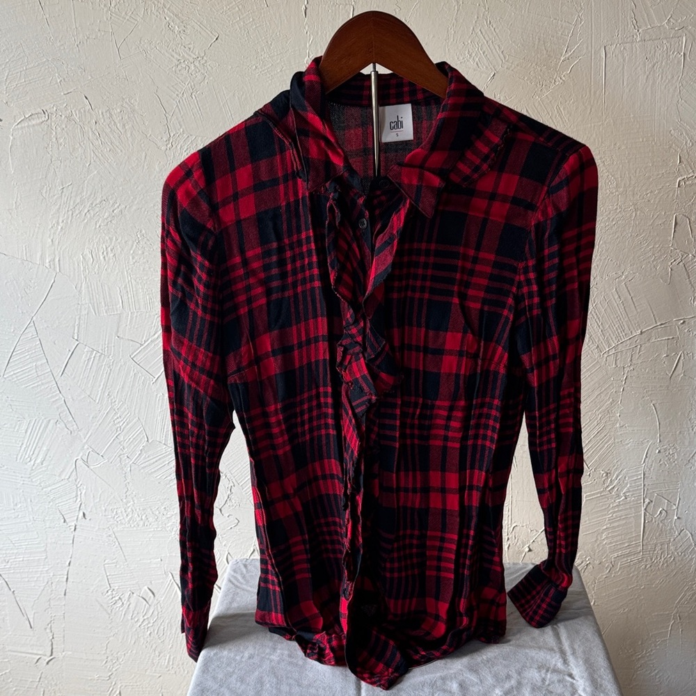 CAbi Red and Black Plaid Ruffle Shirt